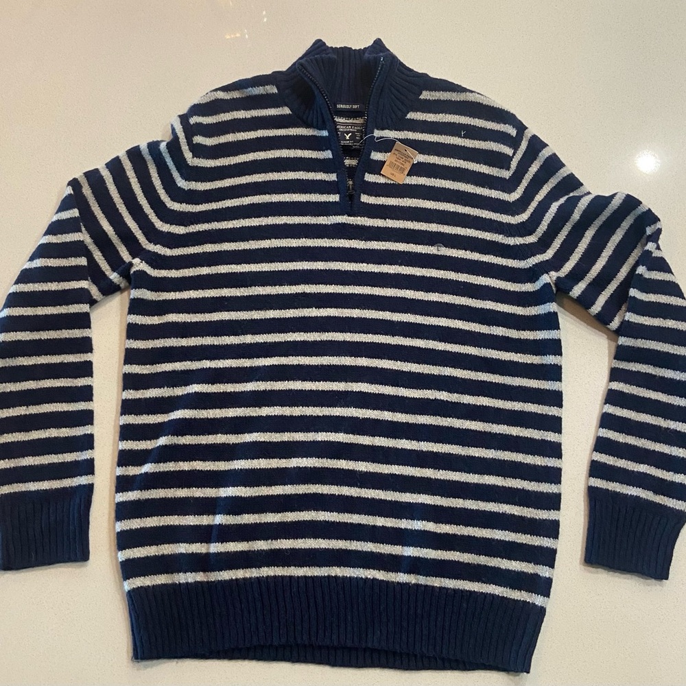 American Eagle Outfitters Classic Fit Blue and White Half Zip Sweater Size Large - Picture 1 of 4